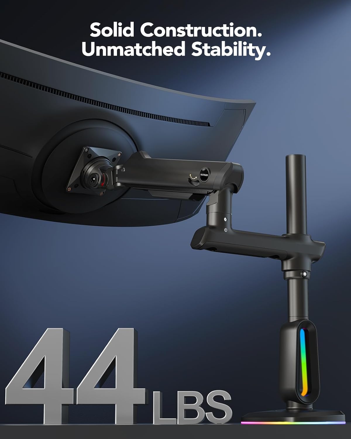 HUANUO RGB Heavy Duty Monitor Arm for Ultrawide Screens up to 57", Holds 44 lbs, Tall Ultrawide Monitor Stand with 29.1" Max Height, Fully Adjustable Single Computer Desk Mount, Max VESA 100x100mm