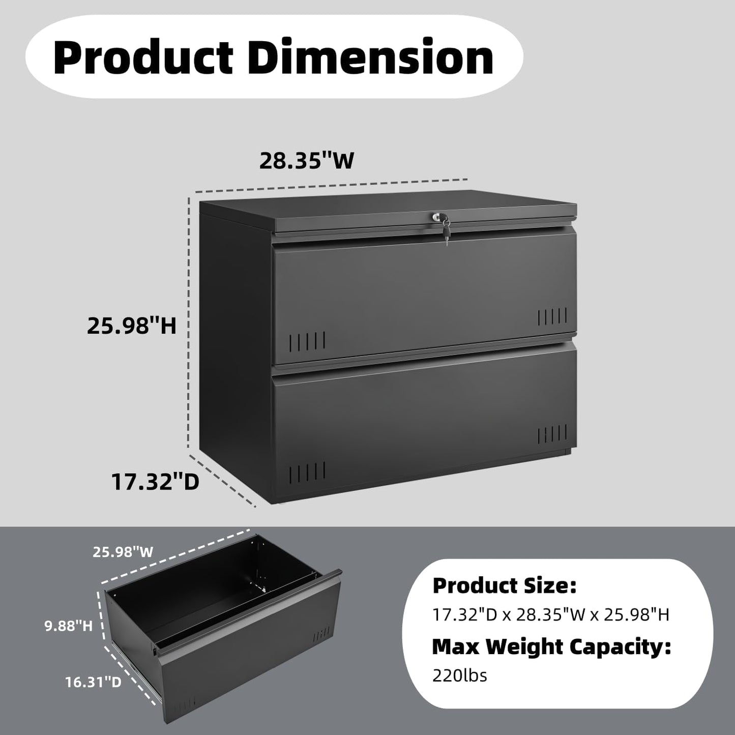 2 Drawer File Cabinet, File Cabinets for Home Office, Printer Stand, File Cabinet with Lock, Lateral Filing Cabinet for A4/Letter/Legal Size File Folders, Assembly Required(Black)