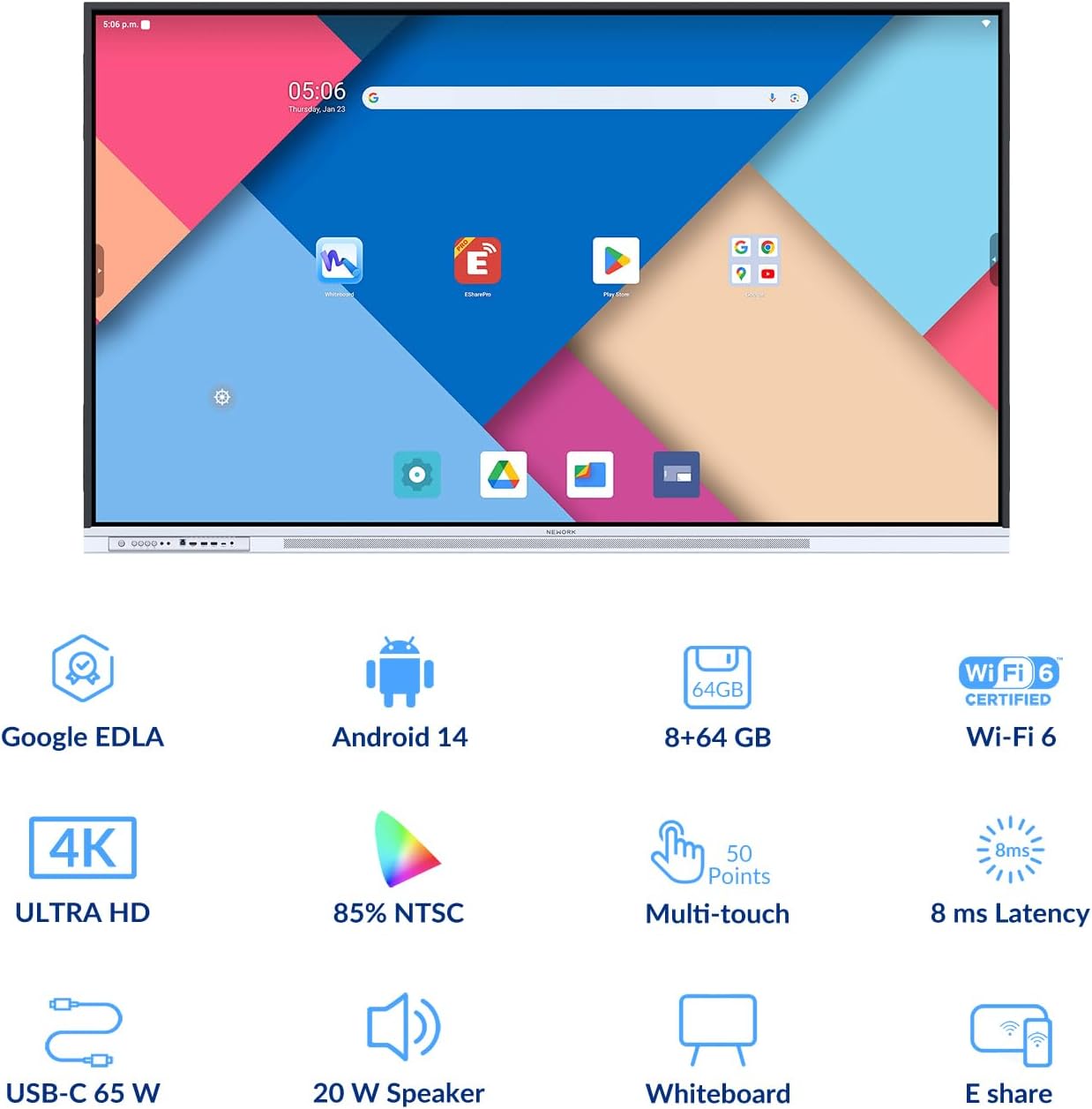 65 Inch 4K Smart Board - Google EDLA-Certified Interactive Whiteboard, Android 14, 50-Point Touch, Wireless Casting - Digital Whiteboard for Classrooms & Hybrid Offices (Board Only)