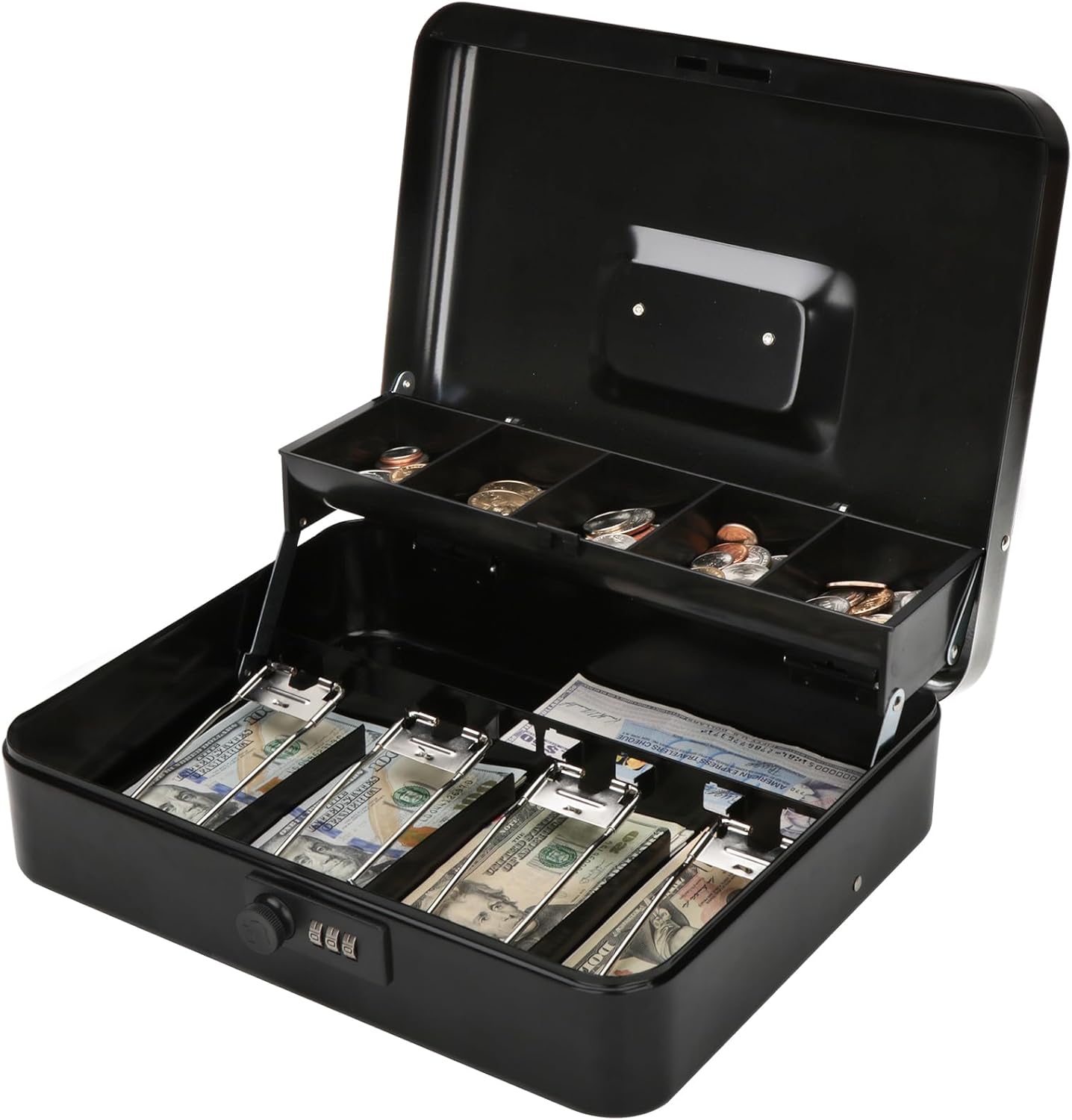 Jssmst Locking Large Metal Cash Box with Money Tray, Money Box with Combination Lock, Black