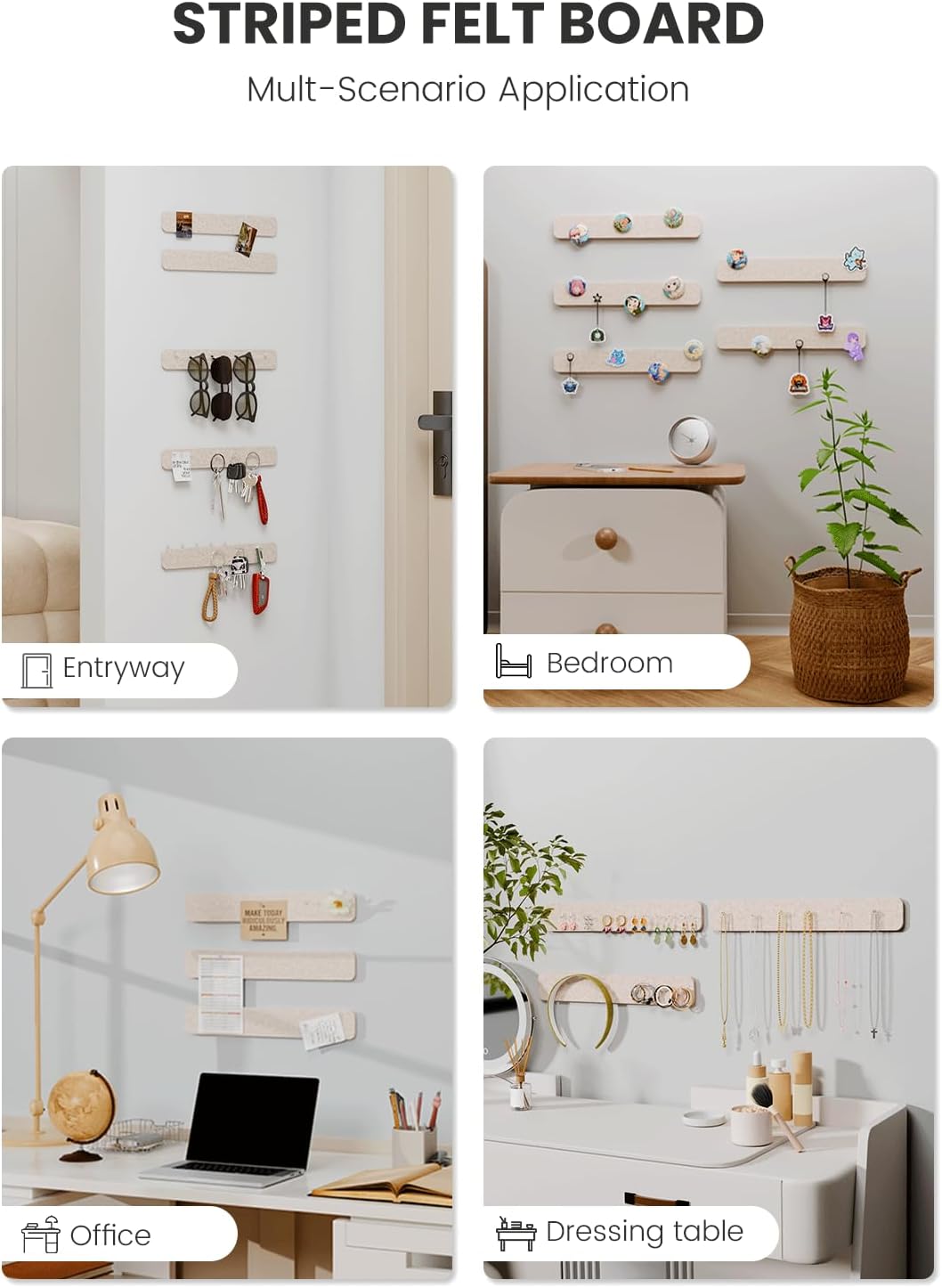 Cork Board Alternative Felt Strip Board 5-Pack 13"x2", Office Pin Board with 35 Push Pins, Adhesive Install for Bedroom Door & Home Office(Oatmeal)