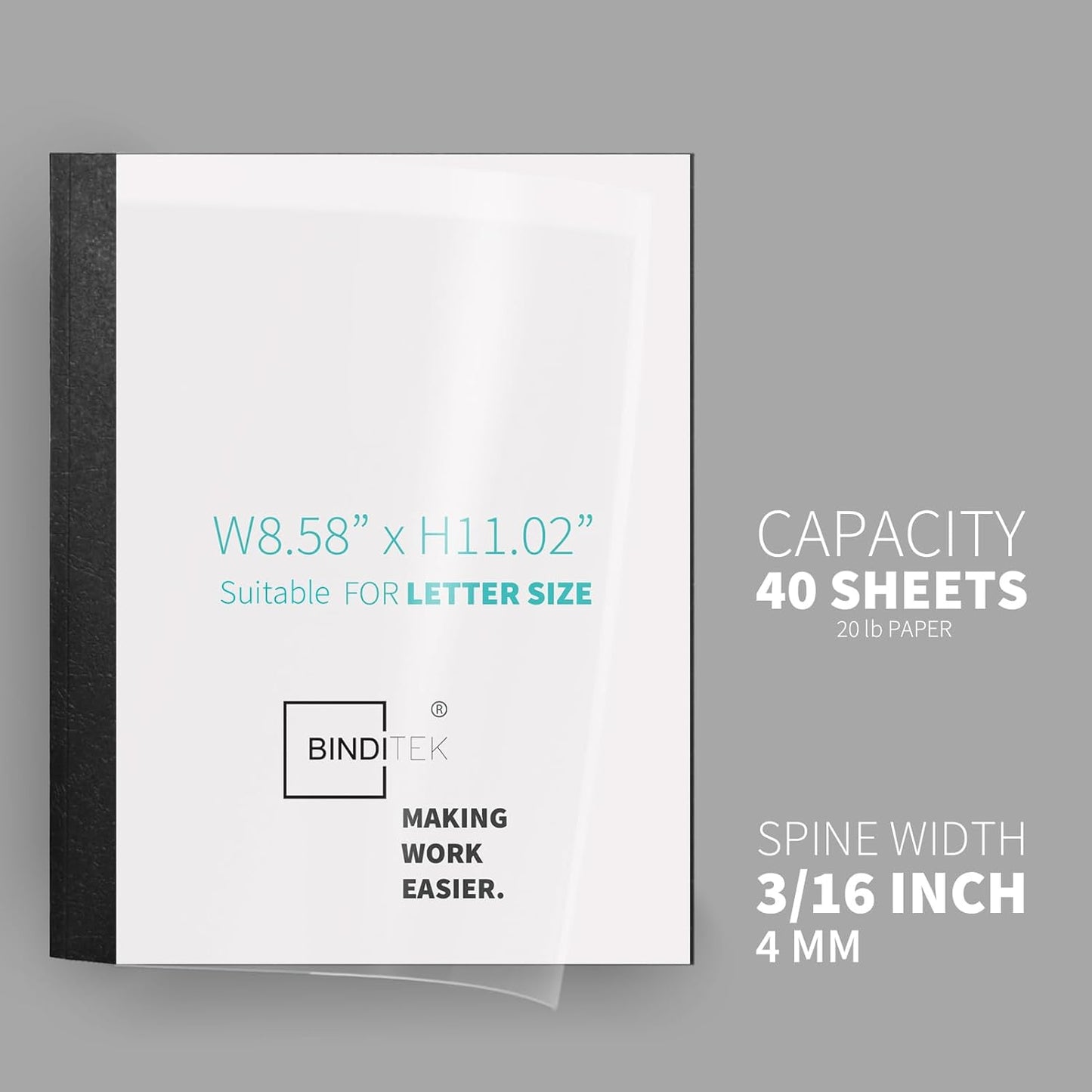 Binditek 20 Pack Thermal Binding Presentation Covers, 3/16 Inch Spine, Holds 40 Sheets, Ultra Clear Front Cover, Black Paper Back Cover, Letter Size, for Students and Coworkers