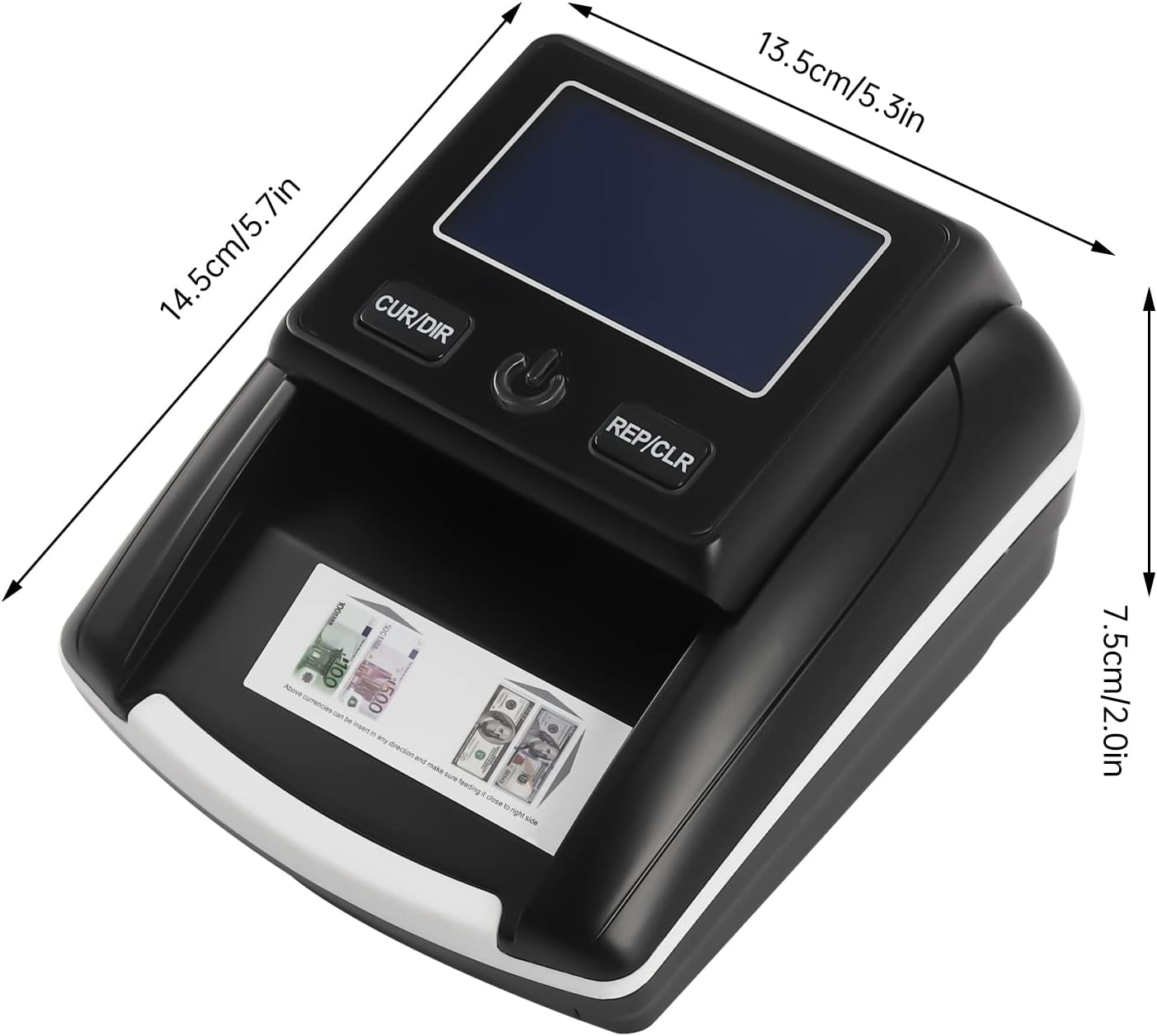 Portable Counterfeit Bill Money Detector Machine Modern Rechargeable Any Way Direction USD & EUR Counterfeit Bill Detector with Display Counterfeit Money Detector for Office Home Store, Black