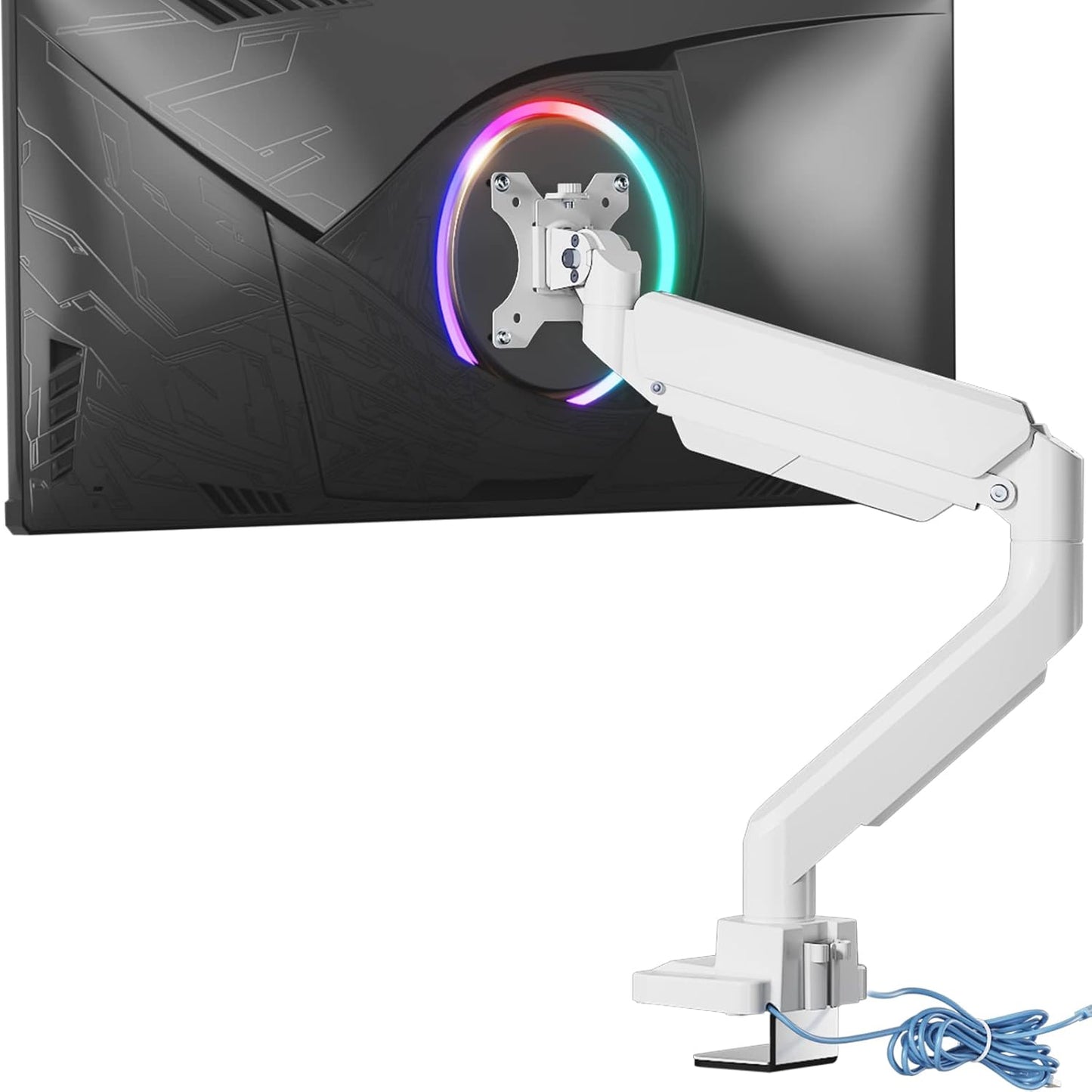 WALI Ultrawide Monitor Arm for 13 to 49 Inch Heavy Duty Curved Screens, Adjustable Gas Spring Single Monitor Desk Mount with 2 USB 3.0 Ports, Holds 33 lbs, 75x75/100x100 VESA, White (GSMU001-W)