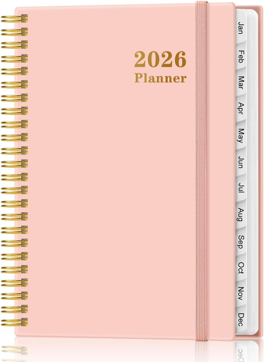 2026 Planner - Weekly and Monthly Calendar Planner from Jan 2026 - Dec 2026, Planner 2026 Spiral Bound with 12 Monthly Tabs, Inner Pocket, Perfect for School Office Supplies, 6.4" x 8.5", Pink