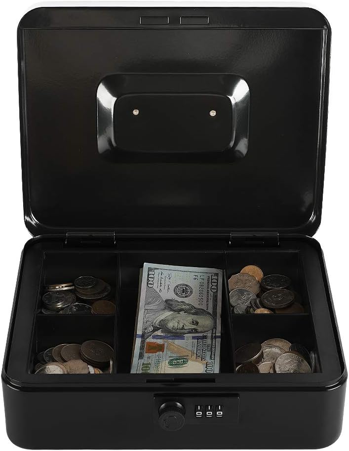 xydled Steel Cash Box Safe with Combination Lock,Money Safe Box with Removable Coin Tray,Large,9.84"x 7.87"x 3.54",Black