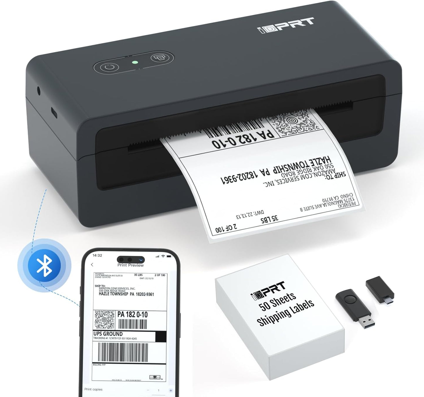 iDPRT Shipping Label Printer 4x6 Bluetooth Thermal Label Printer for Small Business and Shipping Package, Support Android, iPhone, Windows, macOS, Widely Used for Amazon, Shopify, Ebay