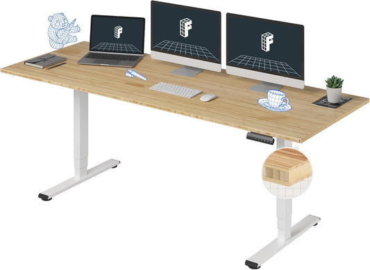 FLEXISPOT E6 Essential Bamboo 3 Stages Dual Motor 78x30 Inch Electric Height Adjustable Standing Whole-Piece Board Desk Sit Stand Up Desk (White Frame + Bamboo Desktop)