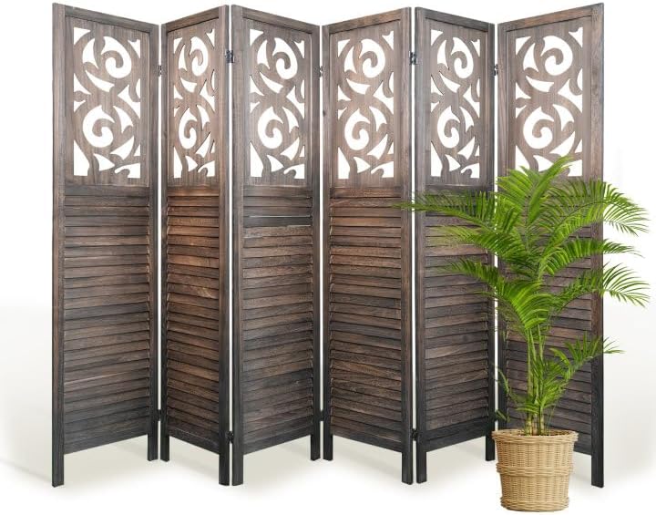 Room Divider, 5.6FT Folding Room Divider Panel, 6 Panel Craved Wood Partition Wall Divider for Room Separation, Rustic Brown