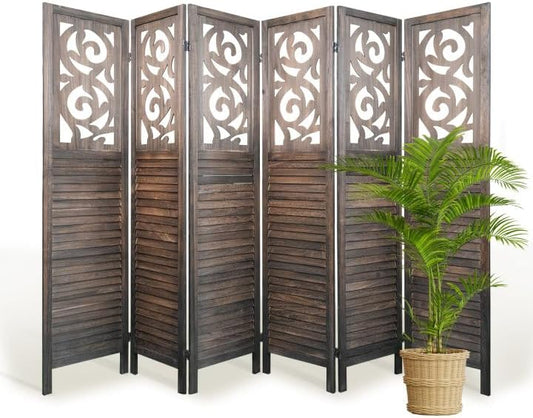 Room Divider, 5.6FT Folding Room Divider Panel, 6 Panel Craved Wood Partition Wall Divider for Room Separation, Rustic Brown