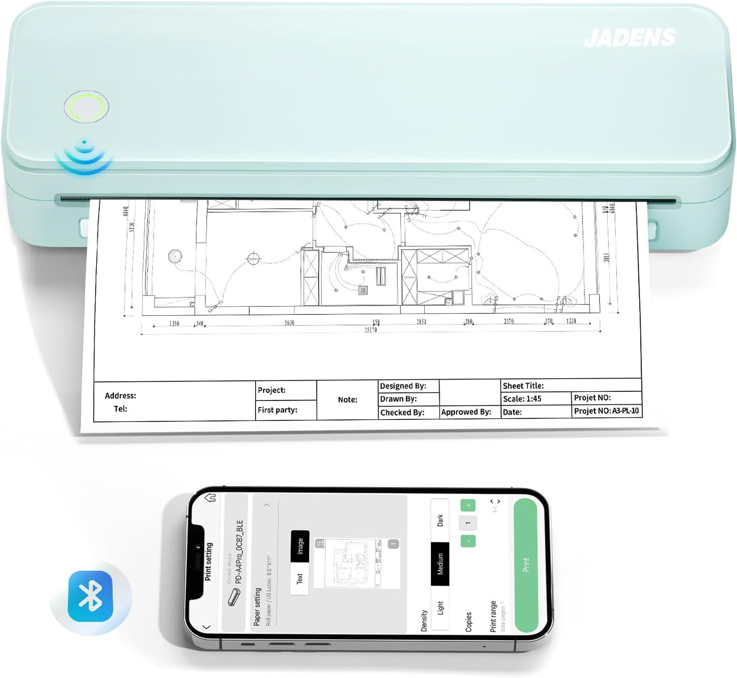 JADENS Portable Printers Wireless for Travel, Thermal Inkless Printer, Support 8.5" X 11" Thermal Paper(Green)