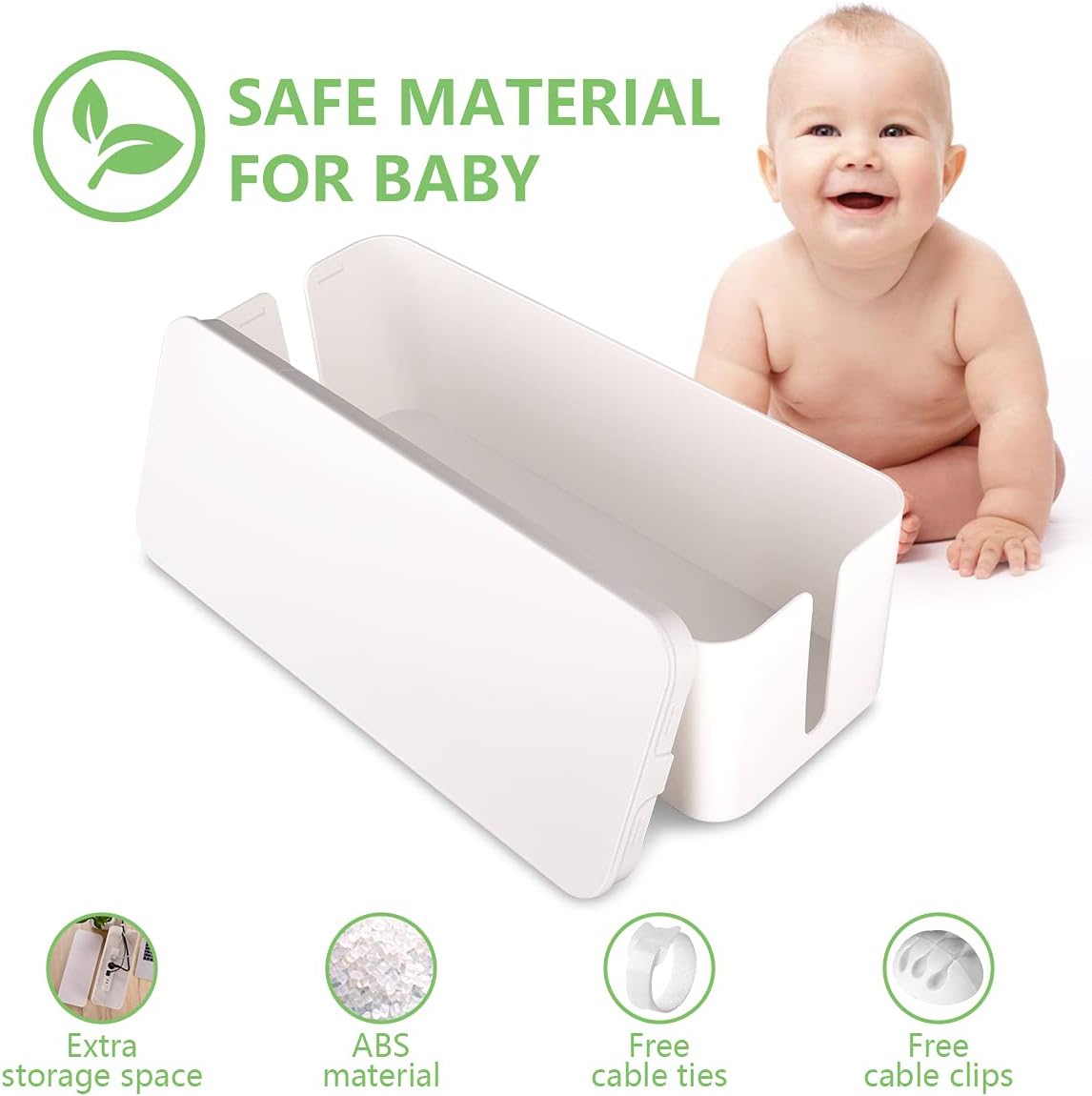 Cable Management Box, Large Cord Organizer Box to Hide Power Strip & Under Desk,TV Computer Wires Cable Organizer Hider Box with Cable Clips&Reusable Cable Ties for Home/Office(White)