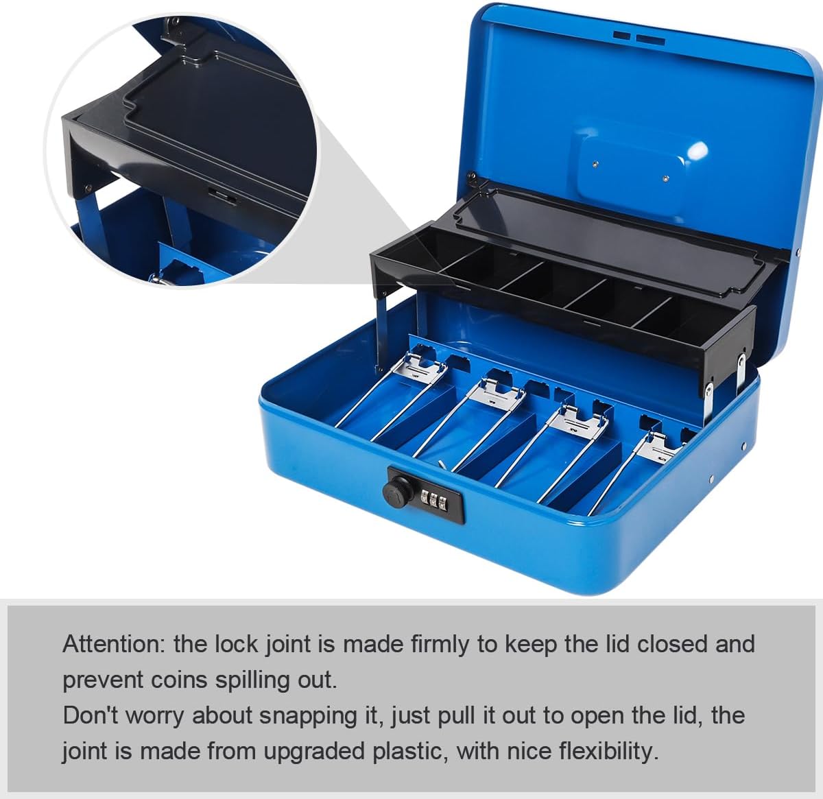 Jssmst Locking Metal Cash Box with Coin Lid, 11.8L x 9.5W x 3.5H Inches, Safe Money Box with Combination Lock, Blue, SM-CB0514BL