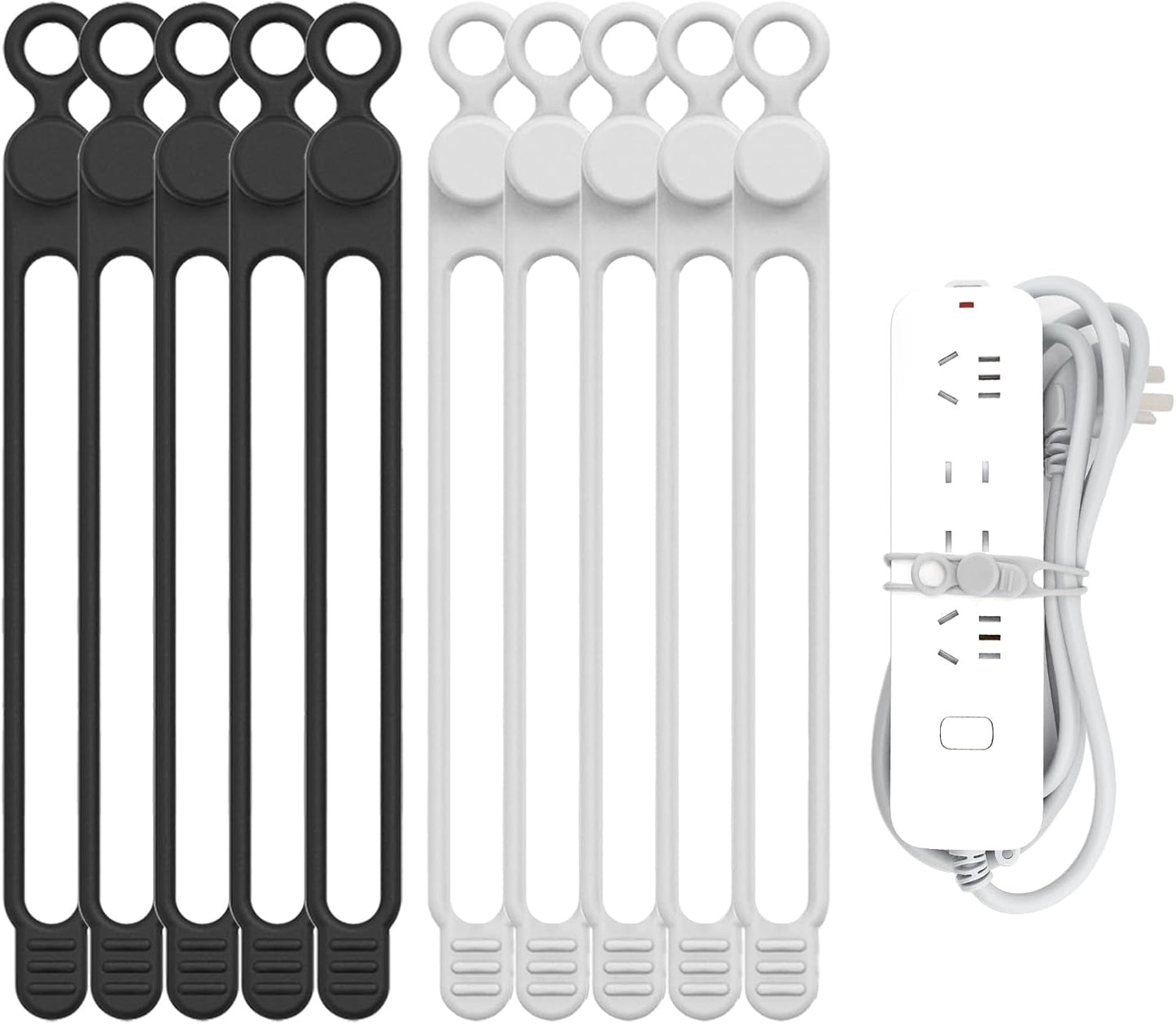 Silicone Cable Straps, 10pcs Extra-Long Reusable Hanging Organizer for Cables, Kitchen, Home, School (Black & White)