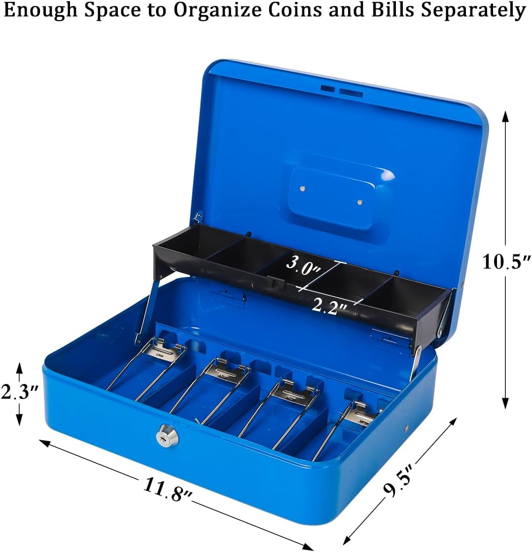 Jssmst Locking Large Metal Cash Box with Money Tray, Lock Money Box with Key, Blue, CB00513XL