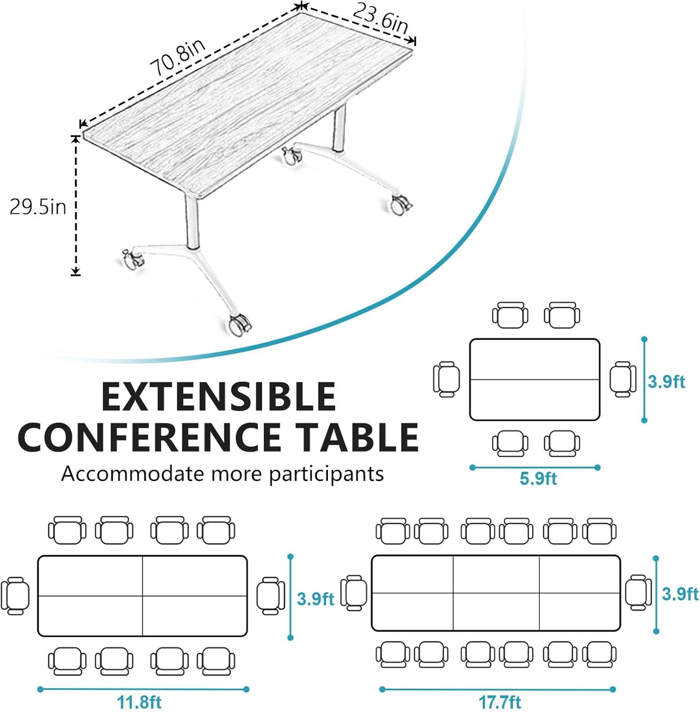 Conference Room Table, Folding Conference Tables,Thicken Grey Tabletop,Flip Top Wooden Seminar Meeting Room Table for Conference Room Offices (2, Black+White, 70.8”)