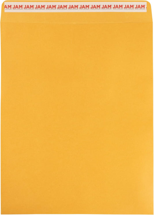 JAM PAPER 11 1/2 x 14 1/2 Open End Catalog Commercial Envelopes with Peel and Seal Closure - Brown Kraft Manila - 100/Pack