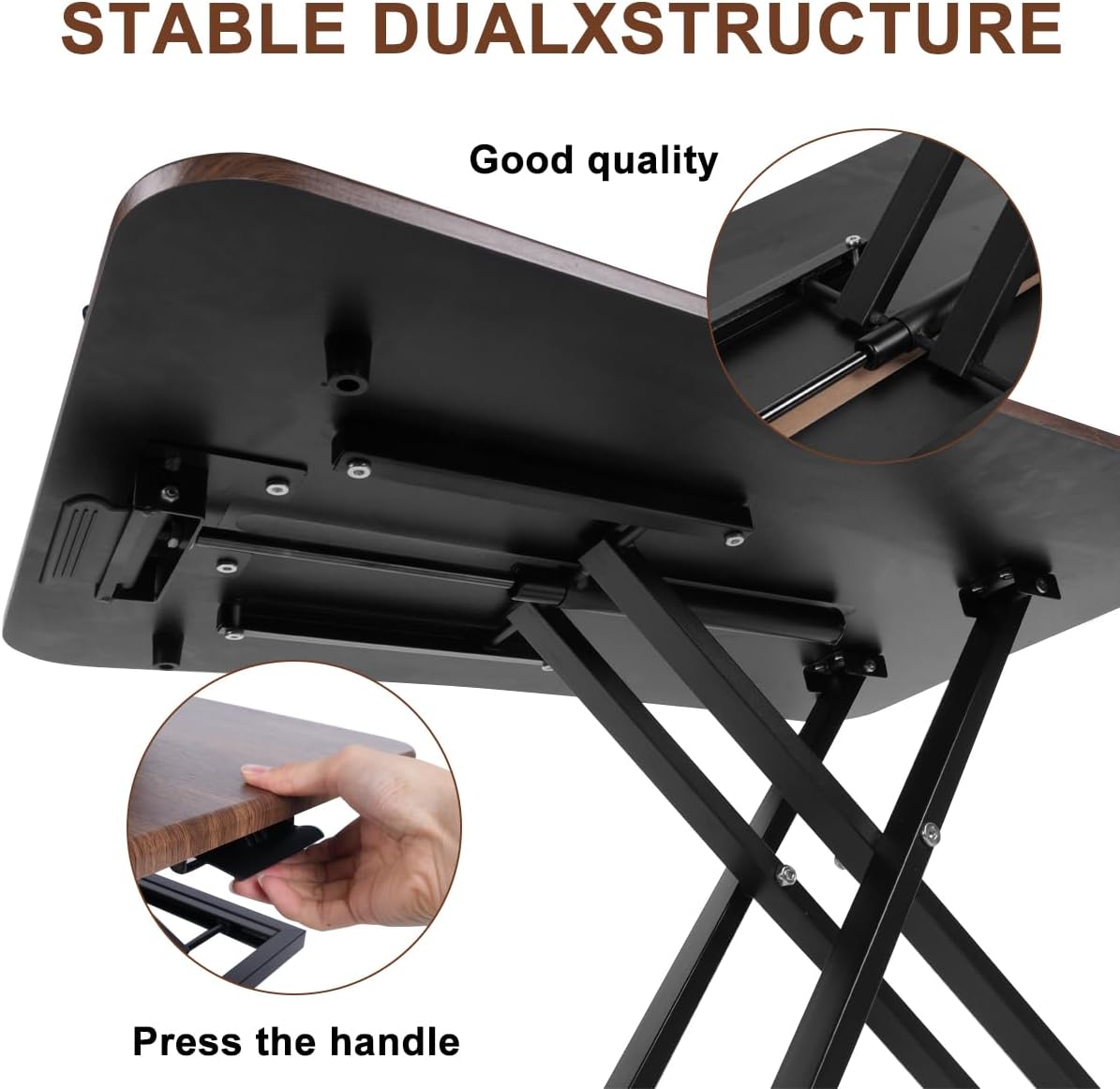 Adjustable Standing Desk Converter, 28.7“ Wide Tabletop Stand Up Desk Riser with Gas Spring, Desktop Stand Up Desk Fits Monitor or Laptop Riser Workstation, Fully Assembled Dark Walnut