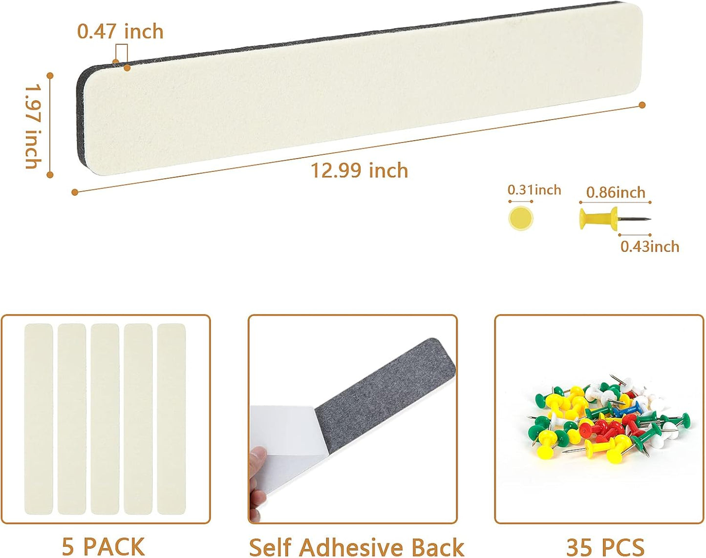 Felt Pin Board Bar Strips Bulletin Board for Bedrooms Offices Home Wall Decoration, Notice Board Self Adhesive Cork Board with 35 Push Pins for Paste Notes, Photos, Schedules (Cream)