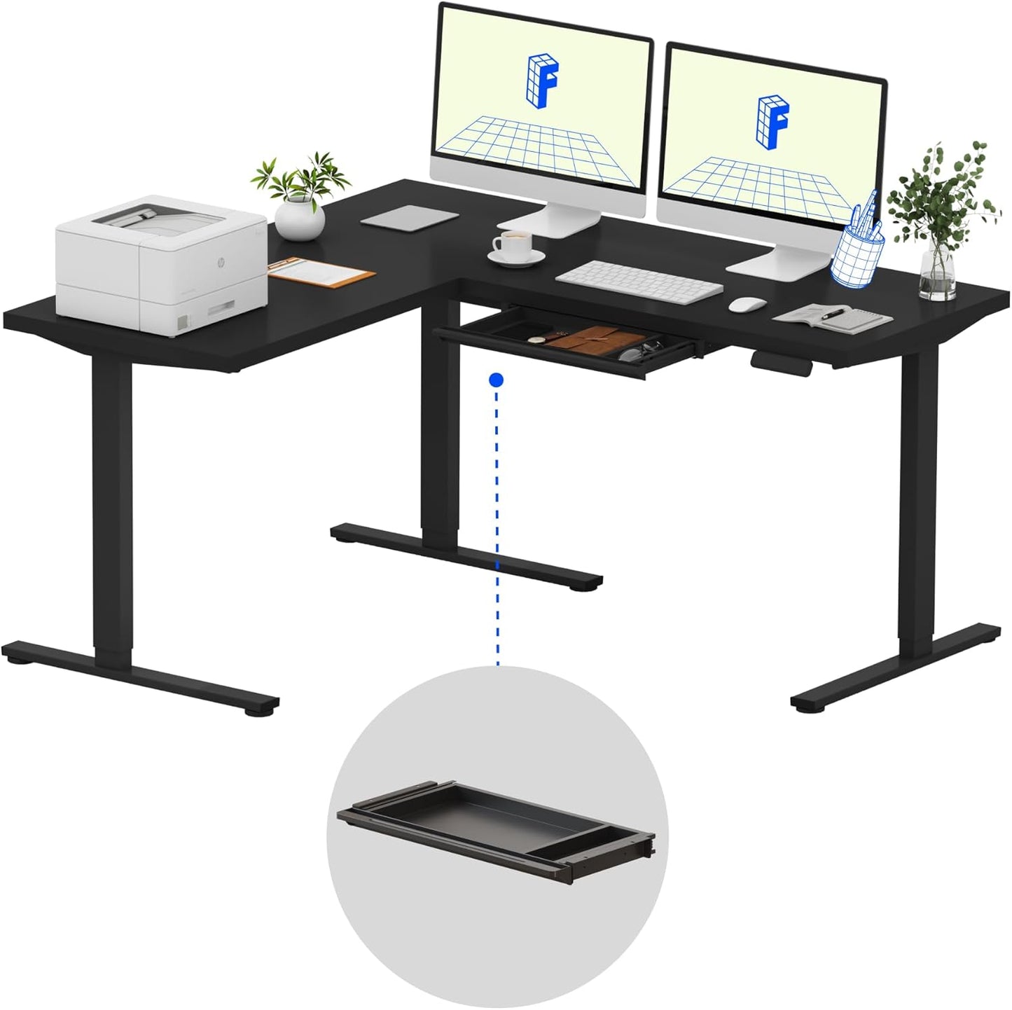 FLEXISPOT L Shaped Standing Desk, 63 x 55 Inch Electric Height Adjustable Corner Desk, Sit Stand Computer Workstation, Preset Controller, Home Office, Black Frame with Black Top, Black Drawer