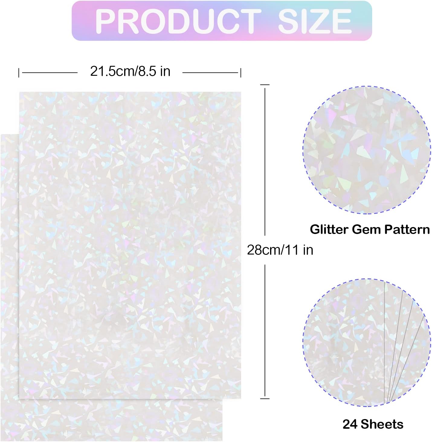 24 Sheets Holographic Laminate Sheets Clear Holographic Sticker Paper Self Adhesive Laminating Sheets Transparent Glitter Waterproof Vinyl Film for Sticker Paper, 8.5 x 11 inch Gem Patterns
