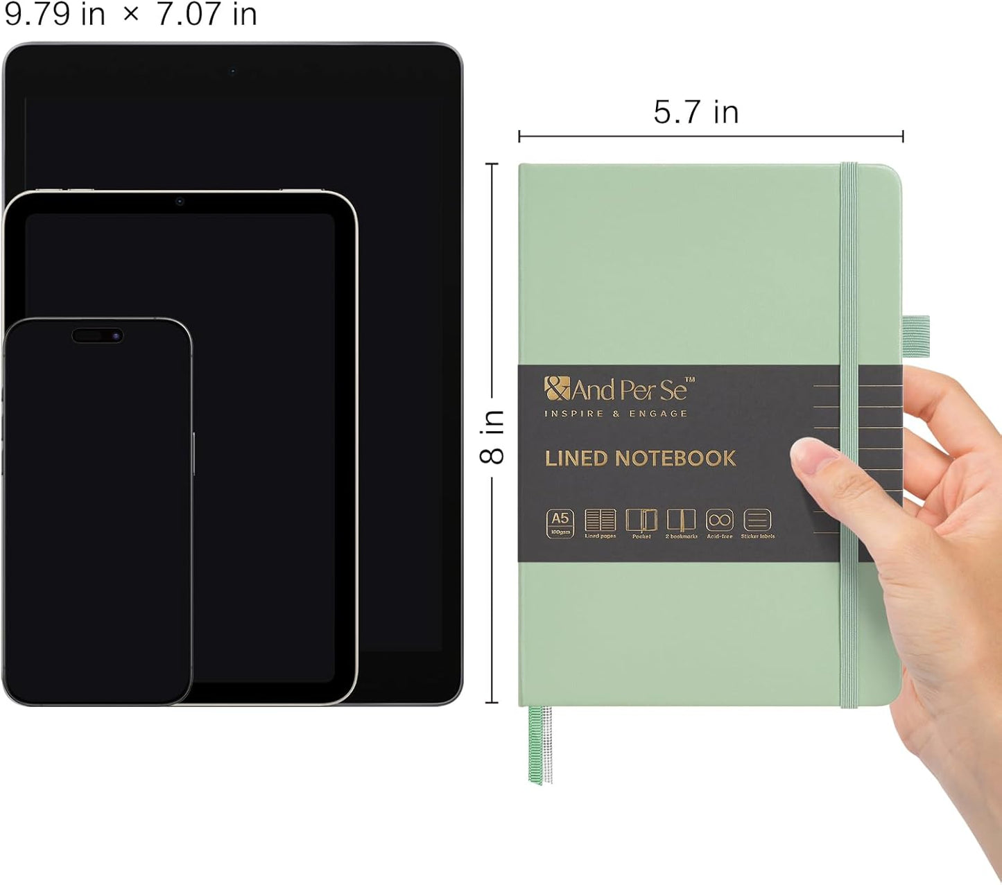 &And Per Se Lined Journal Notebook (5 Packs), 160 Pages, A5 5.7 x 8 inches College Ruled Thick Paper Notebook Journals for Writing, Hardcover Notebooks for Women Men Office School (Light Green)