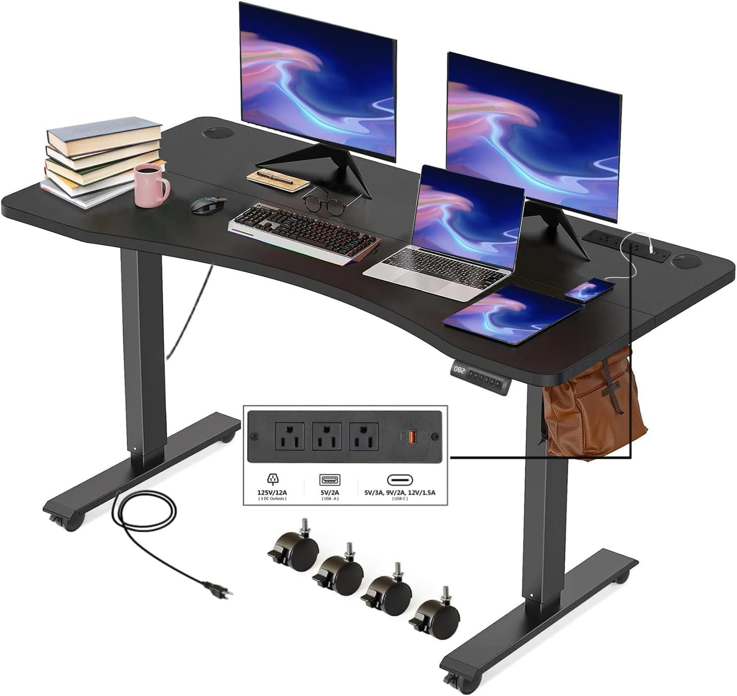 Electric Standing Desk 55 x 24 Inches Adjustable Height Ergonomic Sit Stand Up Desk Curved for Home Office Computer Workstation with 2 USB Ports 3 Power Outlets Memory Preset Wheels, Black