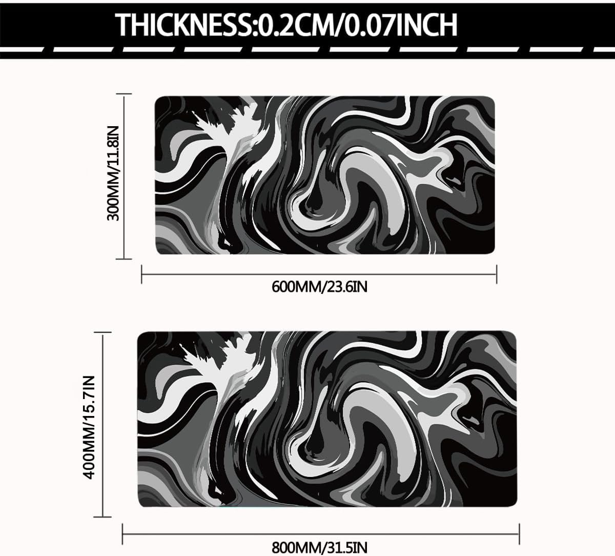 Large Gaming Mouse Pad - Black and White Mouse Pad with Stitched Edges, Extended XL Mousepad with Anti-Slip Rubber Base, Ink Liquid Wave Desk Mat for Keyboard and Mouse(31.5x15.8 inch)