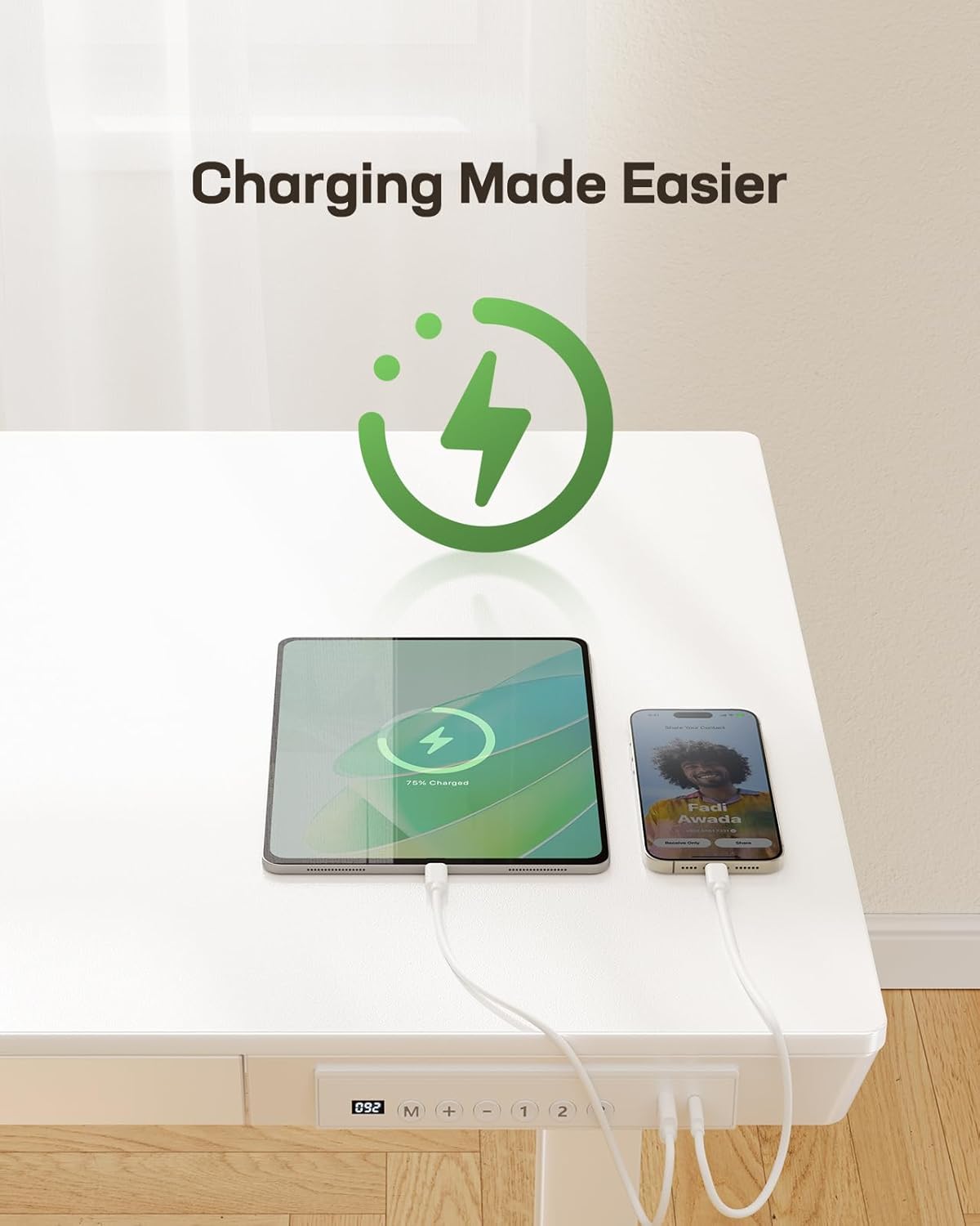 Marsail Standing Desk with Drawer, 48 x 24 inch Whole Piece Tabletop Electric Standing Desk, Height Adjustable Desk with USB Charging Ports, Sit Stand Desk with Storage for Home & Office White