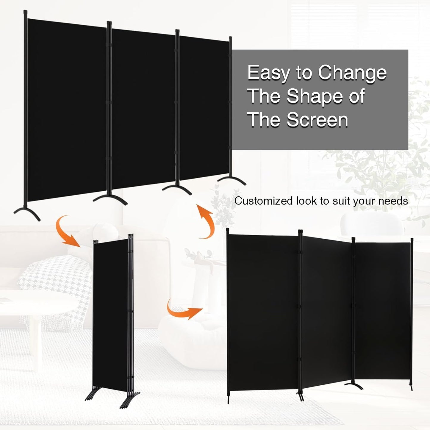Room Divider 3-Panel Privacy Screen, Portable Screen Steel Frame with Hook&Loop for Home, Office, Classroom, Studio, Meeting (Black