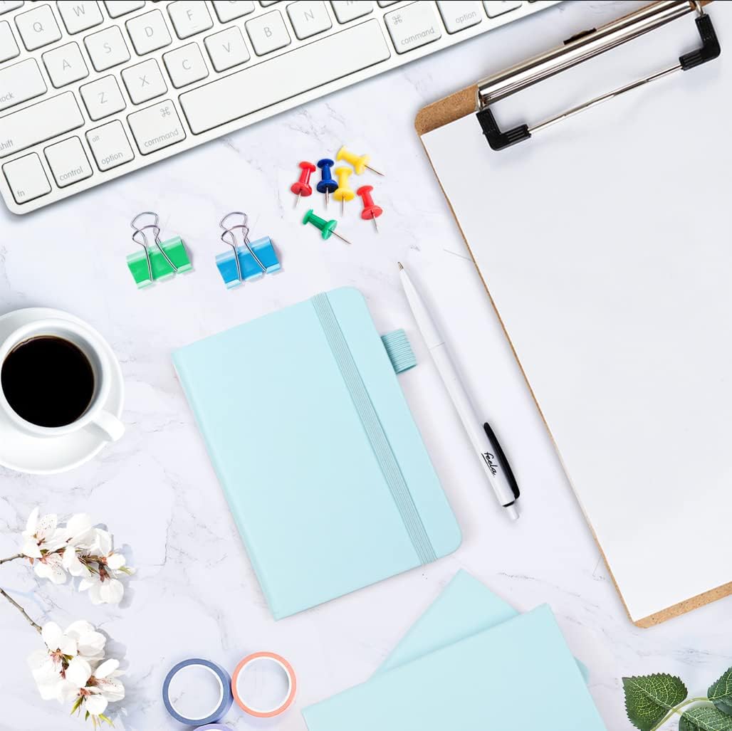 feela 3 Pack Pocket Small Notebook Journals, Mini Cute Memo Notepad Hardcover College Ruled Lined Journals with Pen Holder for Women Girls Office School, with 3 Black Pens, 3.5”x 5.5”, A6, Sky Blue