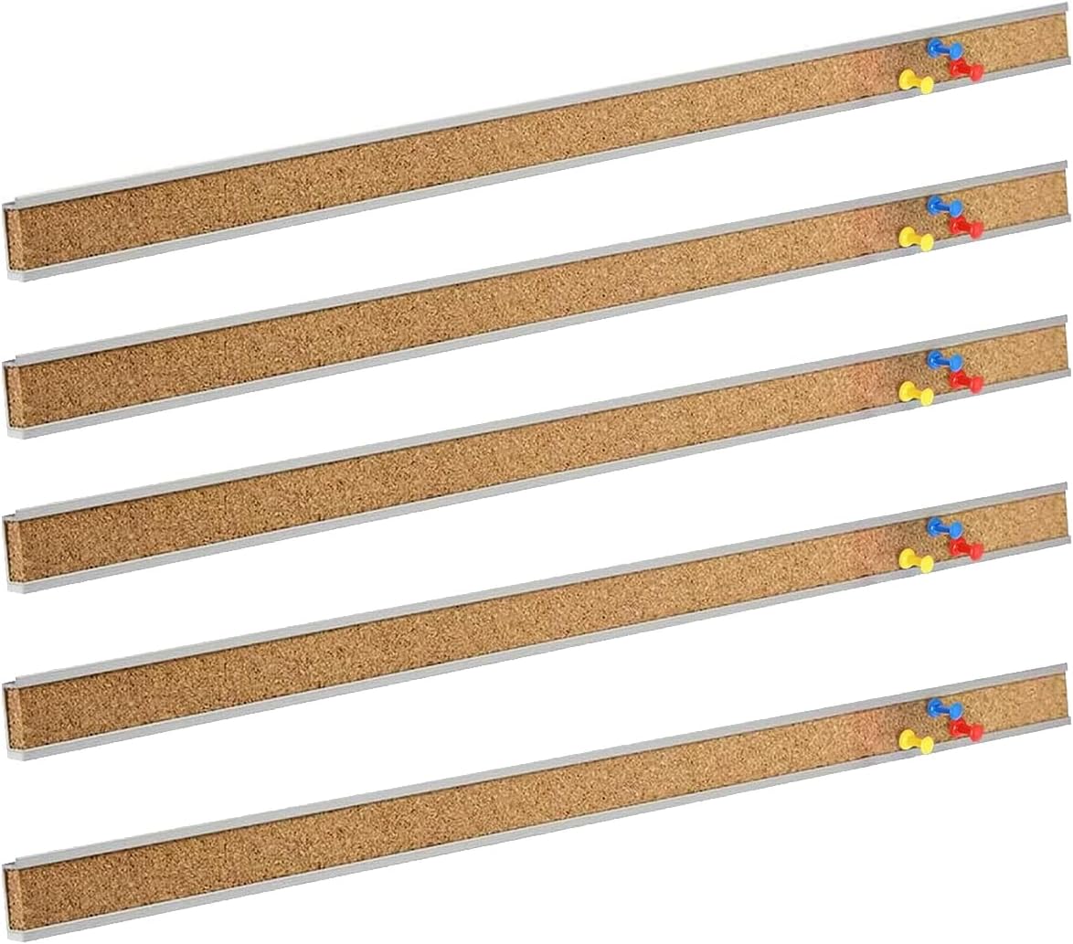 Corksidol Bulletin Bar Strip, Cork Board, Cork Strips, 48" x 1", Classroom, Office, Walls, Cubicle, Aluminum Frame,5 Pack, Silver