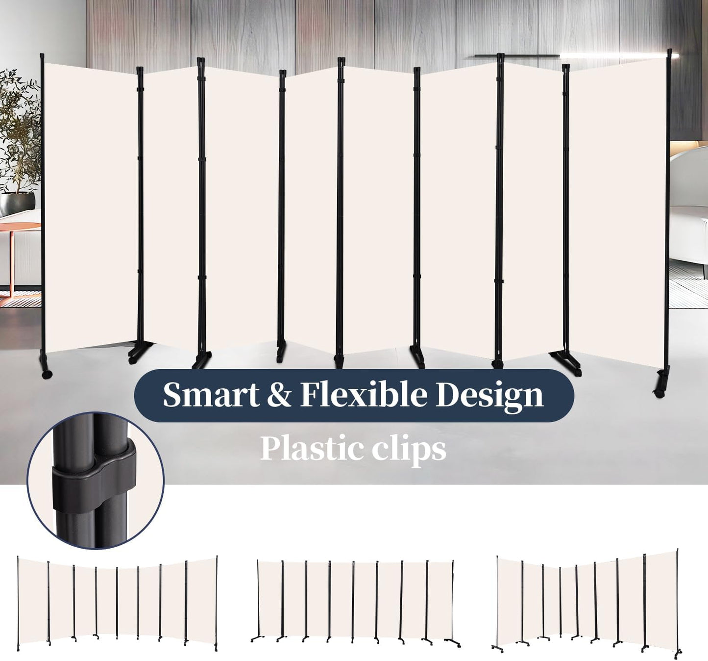 Room Divider Folding Privacy Screens with Lockable Wheels, 176'' Fabric Partition Room Dividers Freestanding Room Divider Panel for Room Separation, Wall Divider for Home Office Bedroom Studio Decor