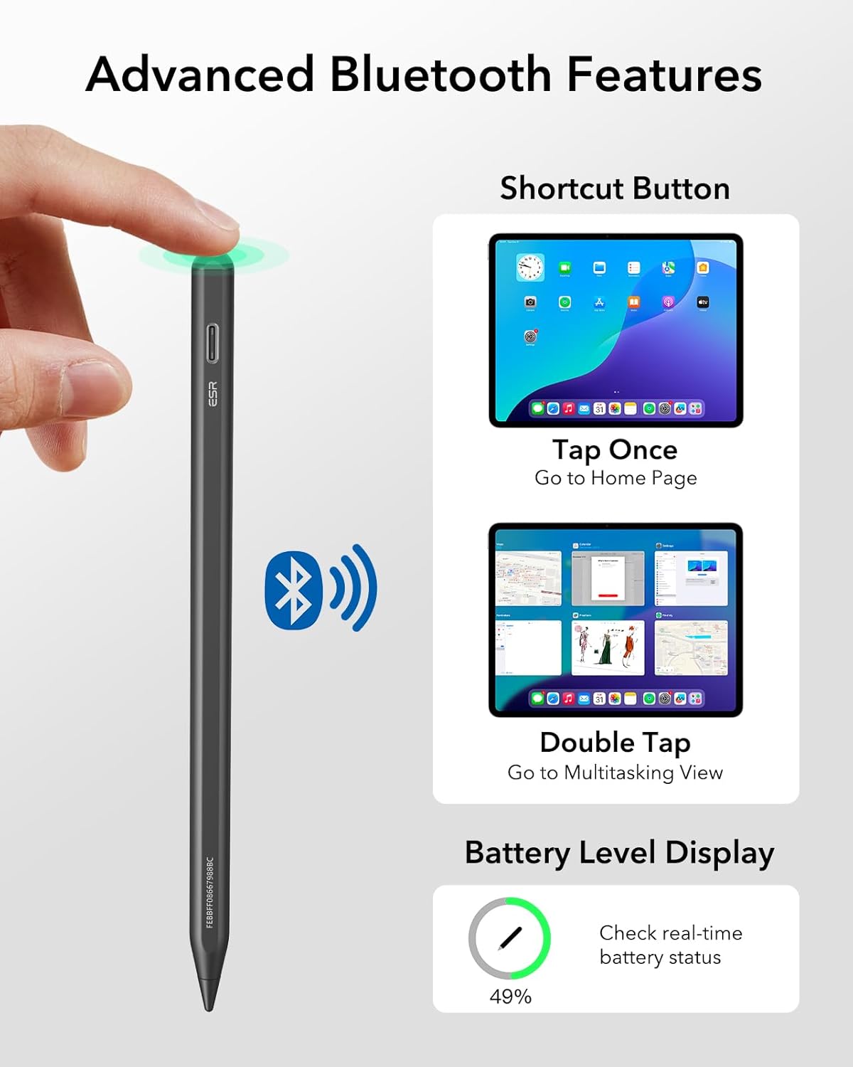 ESR Geo Digital iPad Pencil Findmy Compatible with Apple iPad 2018-2025,with Easy Shortcuts for Apple iPad A16/10/9/8 & Air 13/11 & Pro 12.9/13/11 & Mini 7/6/5,Black(No Wireless Charging)