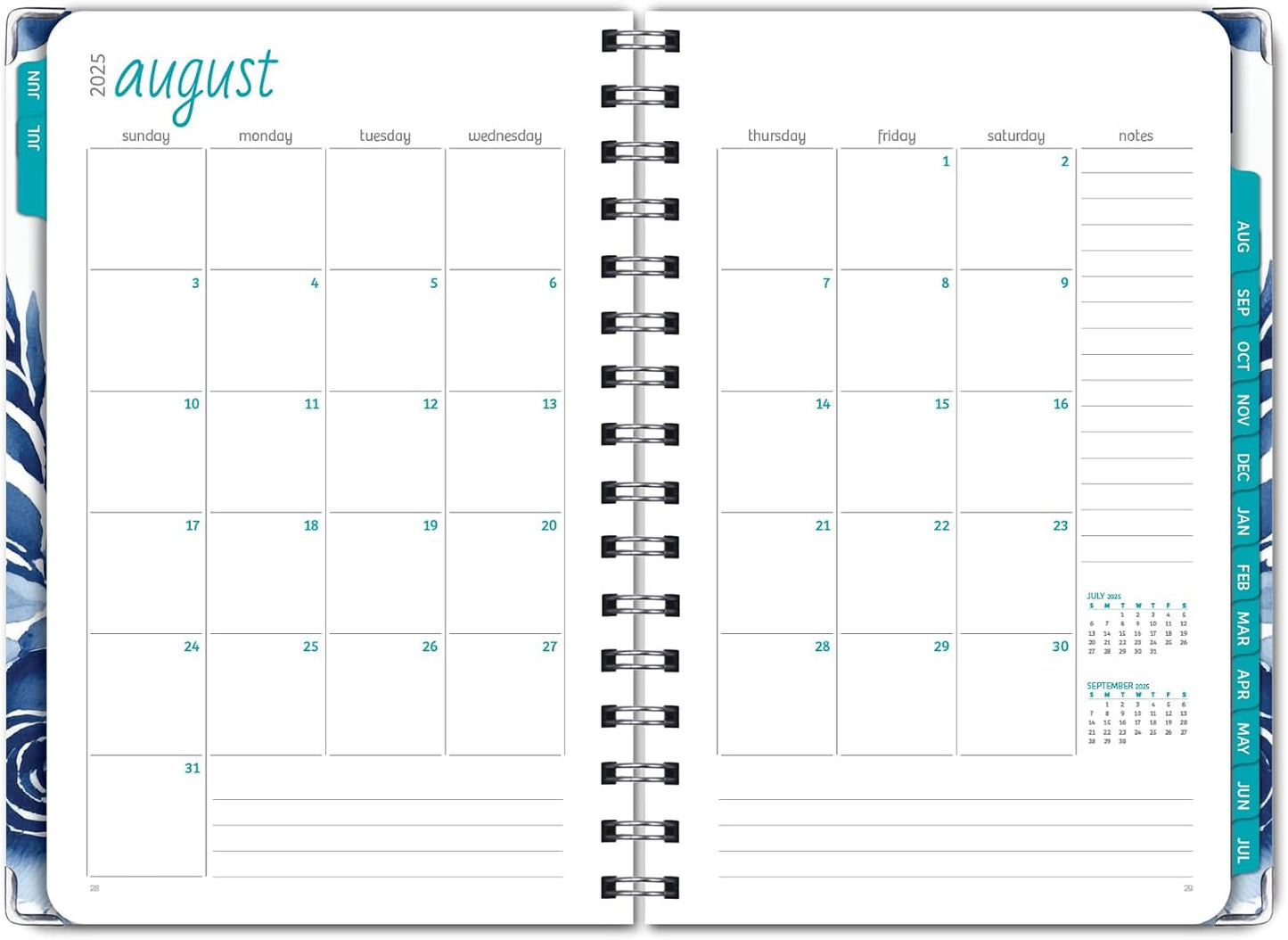 HARDCOVER Academic Year 2025-2026 Planner: (June 2025 Through July 2026) 5.5"x8" Daily Weekly Monthly Planner Yearly Agenda. Bookmark, Pocket Folder and Sticky Note Set (Blue Bloom)