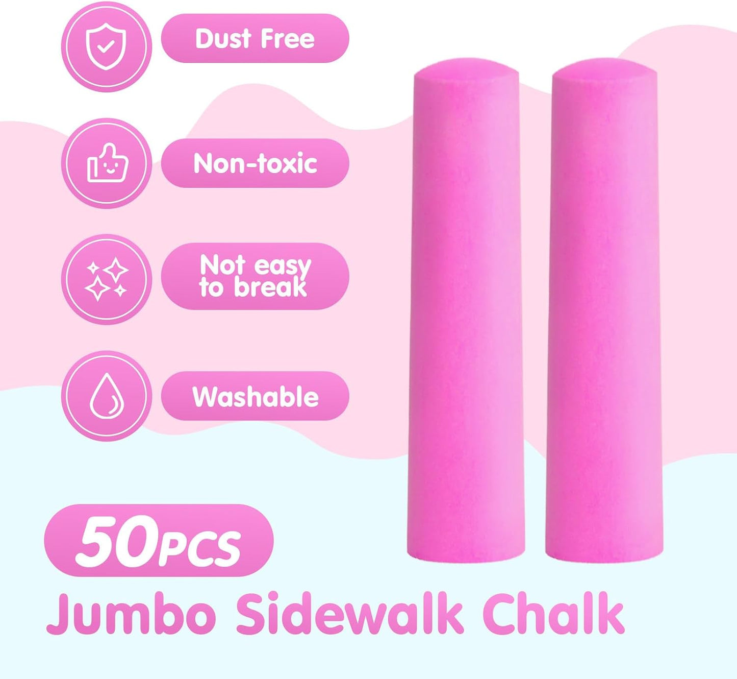 50 Pack Washable Sidewalk Chalks for Kids Non-Toxic Jumbo Chalk for Outdoor Art Play, Colored Chalk for Painting on Chalkboard, Blackboard and Playground (Rose)