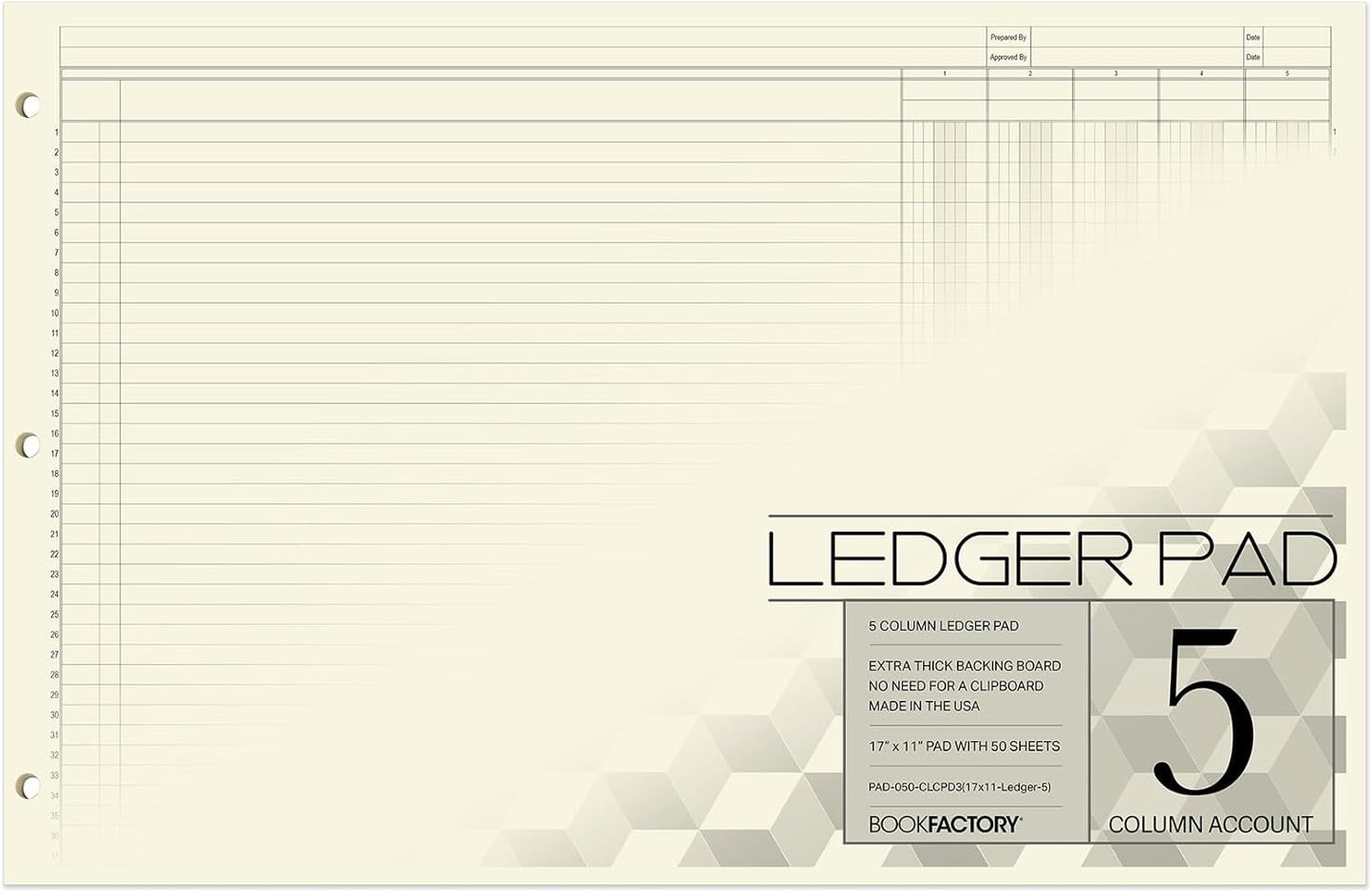 BookFactory Ledger Pad/Large 5 Column Accounting Ledger Columnar (Five Columns) Pads - 17'' x 11'', 50 Pages, Notepad Landscape Format (PAD-050-CLCPD3(17x11-Ledger-5)-AX)