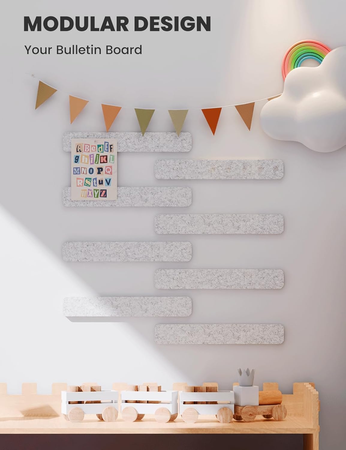 Cork Board Alternative Felt Strip Board 8-Pack 13"x2", Office Pin Board with 50 Push Pins, Adhesive Install for Bedroom Door & Home Office(Marble Gray)