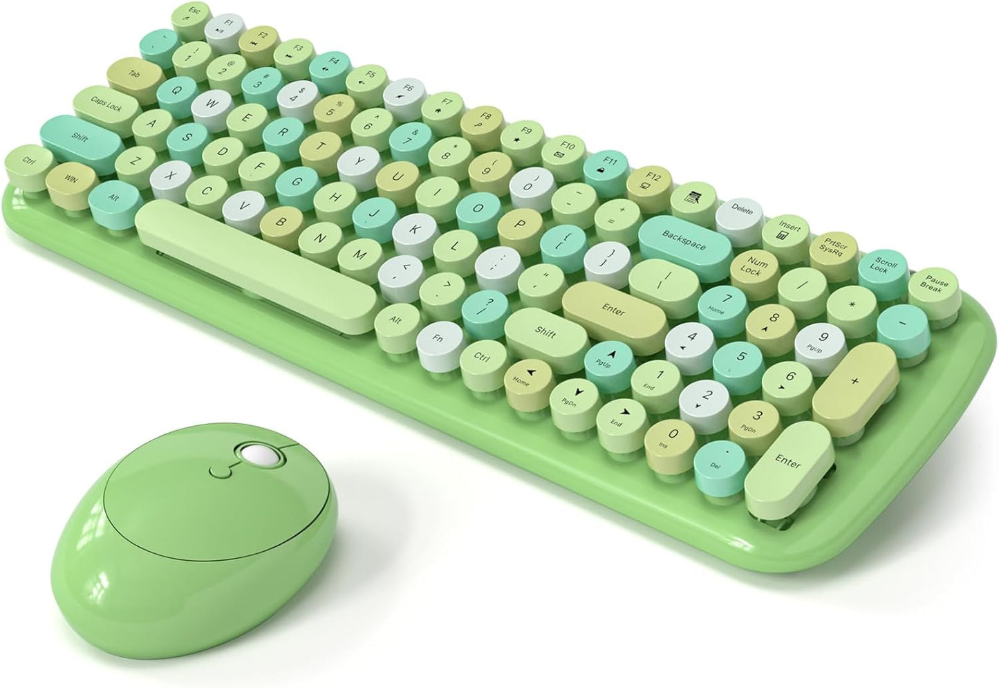 Wireless Keyboard and Mouse Combo, MOWUX - Modern Compact Layout, Colorful Compact Candy Mouse and Retro Round Keyboard Set with Cover, for PC/Laptop/Windows/Mac - Green Colorful