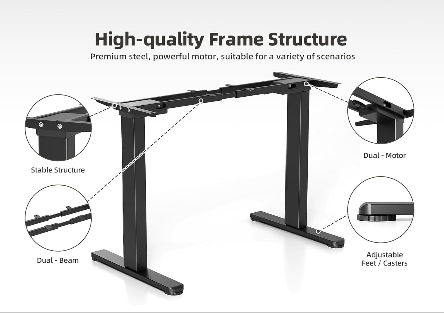 Claiks Dual Motor Standing Desk Frame, Electric Stand Up Desk Legs Frame Workstation Up to 63",T-Shaped Adjustable Standing Computer Desk for Home and Office, (Black Frame only)