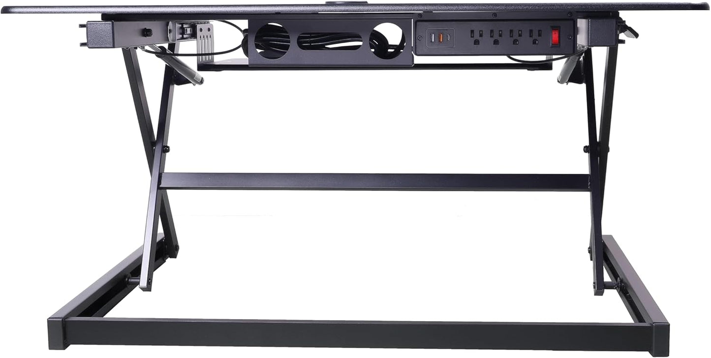 Rocelco 40" Height Adjustable Standing Desk Converter with AC Outlet USB Charger and Dual Monitor Arm Mount - Sit Stand Up Tabletop Riser - Sliding Keyboard Tray - Black (R DADRB-40-ACUSB-MA2)