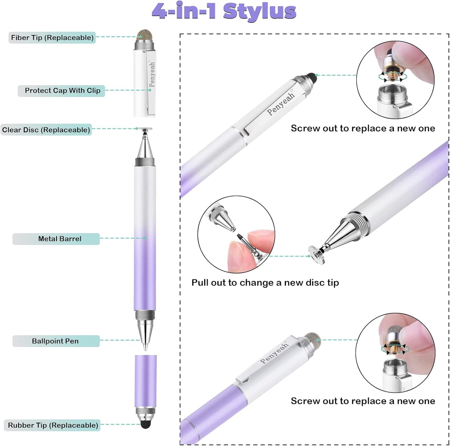 Penyeah Stylus Pen for iPad/iPhone/Android (4 in 1),Universal Touch Screen Disc Tip/Mesh & Rubber Tip Stylist Pen for All Capacitive Phones/Tablets/Laptops-Dream Purple