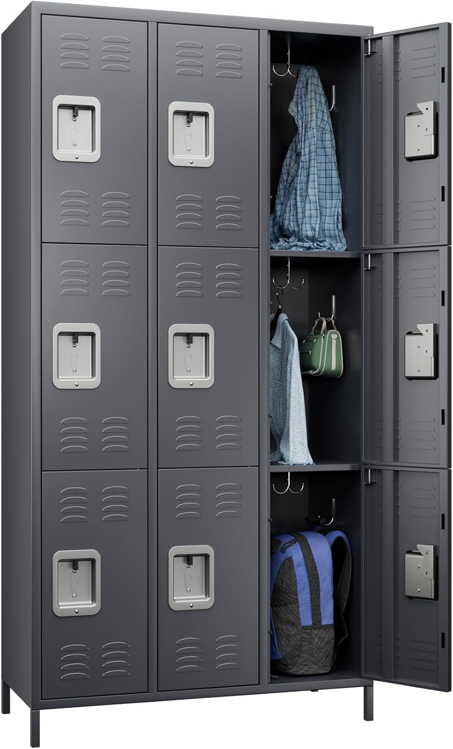 Metal Lockers for Employees with Lock,9 Doors Metal Storage Locker with 18 Hooks,Steel Storage Locker for School Office Gym Bedroom,Assembly Required (9 Door-Dark Grey)