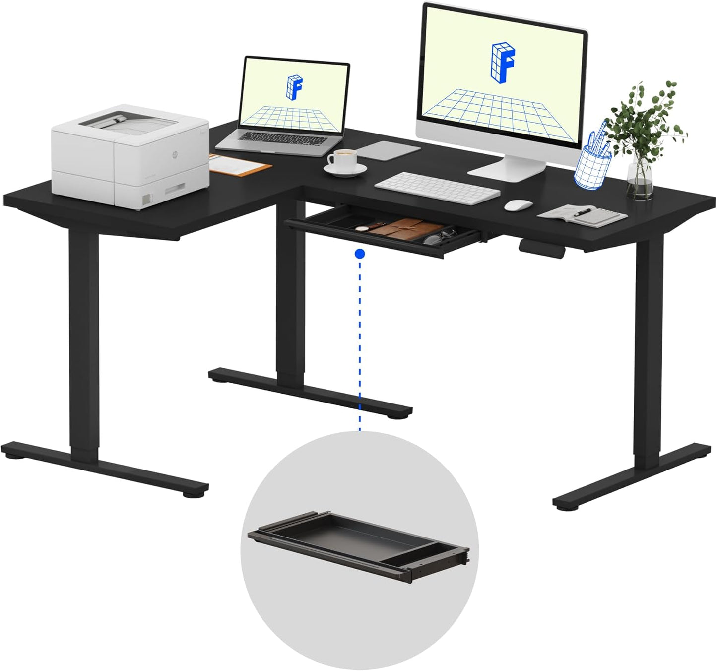 FLEXISPOT L Shaped Standing Desk, 63 x 47 Inch Electric Height Adjustable Corner Desk, Sit Stand Computer Workstation, Preset Controller, Home Office, Black Frame with Black Top, Black Drawer
