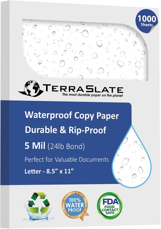 TerraSlate Waterproof, Durable, Rip-Proof Paper, 1,000 Sheets, 5 Mil (24lb Bond), 8.5” x 11”, Laser Printer and Copy Machine Compatible