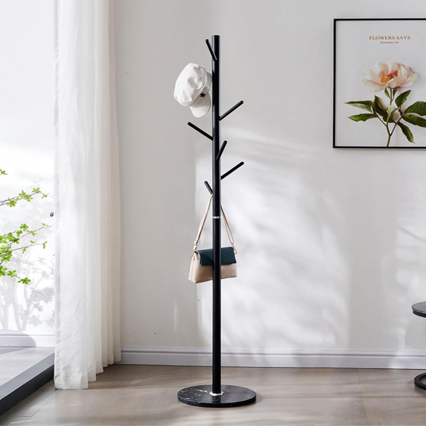 Kertnic Modern Coat Rack Freestanding with Natural Marble Base & Sturdy Metal Frame, 7 Hooks Hall Tree for Jackets, Hats, Bags, Entryway Organizer for Bedroom, Living Room, Closet (7 hooks-Black)