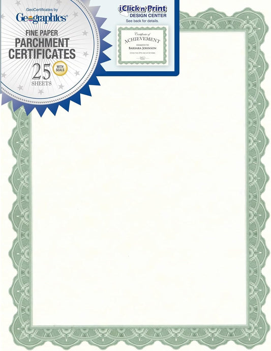 Optima Green Certificates with Gold Foil Seals, 8.5 x 11, Seal 1.75", Pack of 25 (39452S)