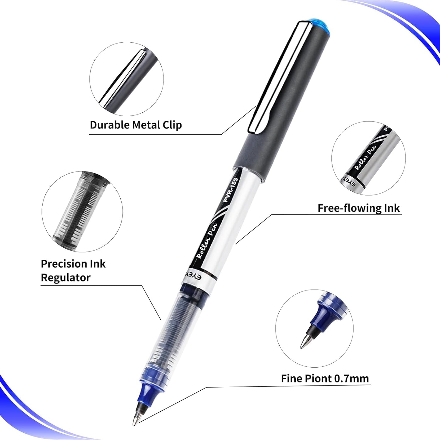EYEYE 0.7mm Blue Pens Roller Ball, 12 Pack Medium Point Rollerball Pen Quick Dry, Liquid Ink Pens Fine Point Smooth Writing Pen for Journaling, Note Taking, Office, School Supplies