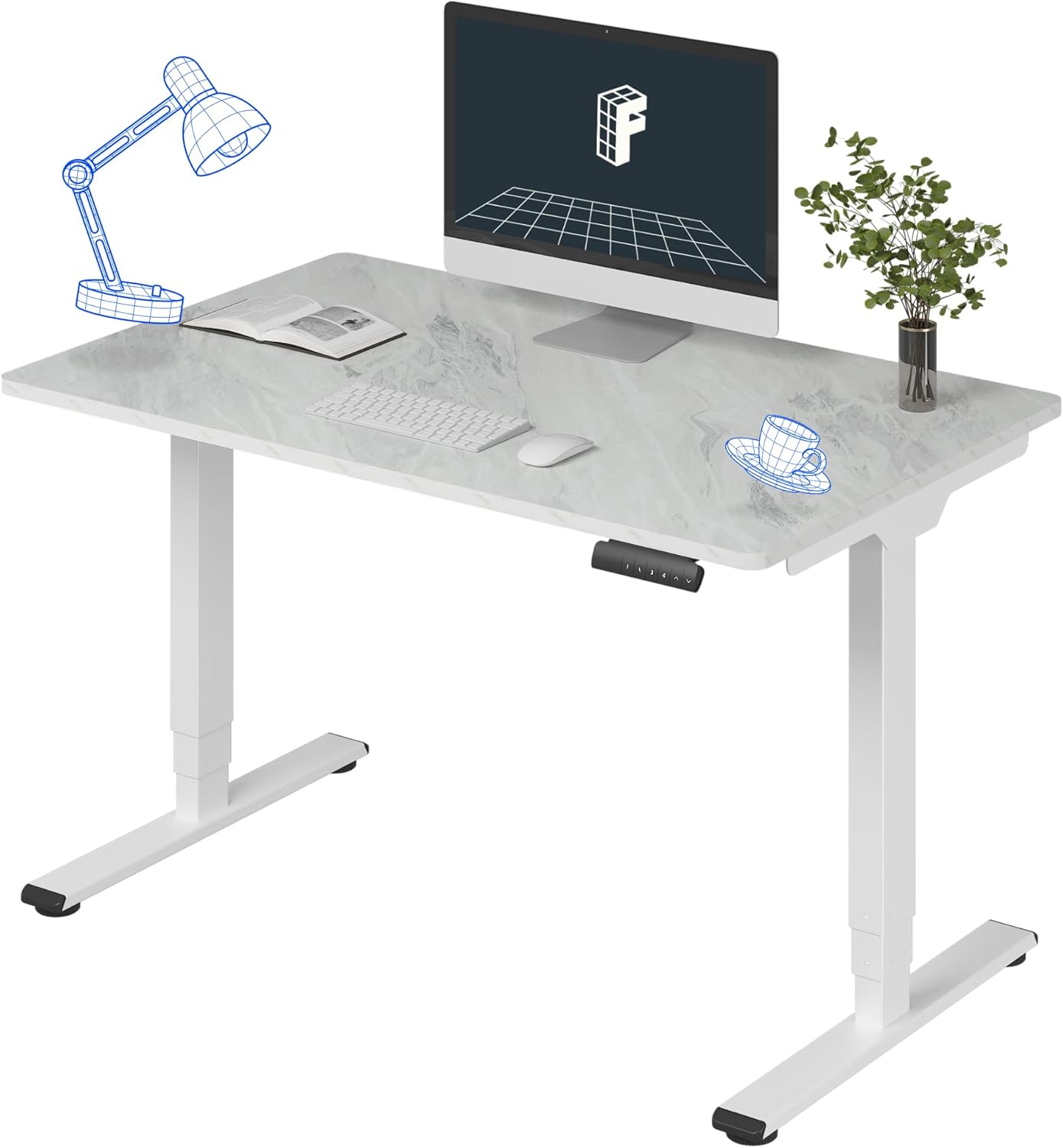 FLEXISPOT E6 Essential 3 Stages Dual Motor Electric Standing Desk 48x30 Inch Whole-Piece Board Height Adjustable Electric Sit Stand Desk(White Frame + Marble Grey Desktop, 2 Packages)