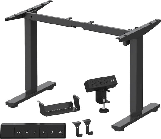 FLEXISPOT Standing Desk Frame with Clamp Power Strip and Cable Management Tray, Electric Sit Stand Desk Base with Memory Controller for Home and Office (Black Frame Only)
